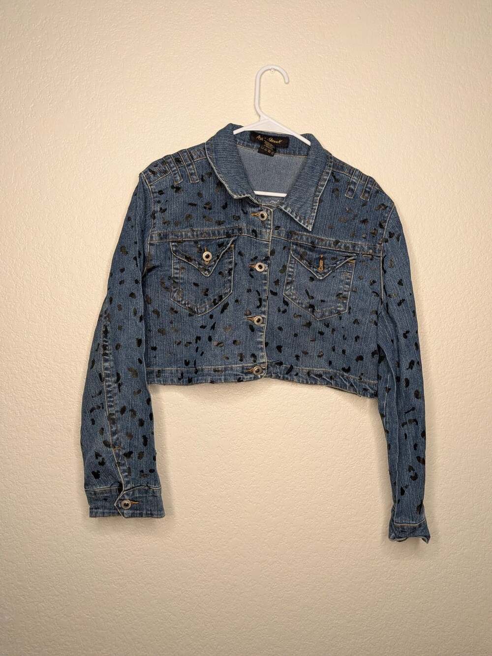 Ashley Stewart Denim Jacket Size 16 Blue Cropped Flocked Leopard Print